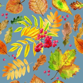 Seamless pattern with autumn orange watercolor leaves on green background.