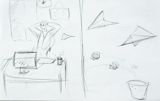 Hand drawn bored businessman in the office with paper jets