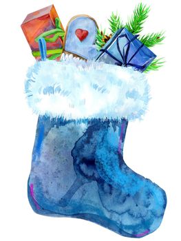 Christmas blue sock with gifts isolated on white background. Watercolor hand drawn illustration