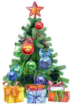 Watercolor illustration: Christmas tree decorated with decoration. Template for the design of posters, cards, invitations