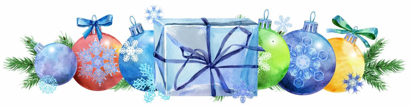Watercolor Christmas tree border from balls with snowflakes and gift. Card for your creativity