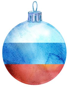 Watercolor tricolor Russian Christmas ball isolated on a white background.