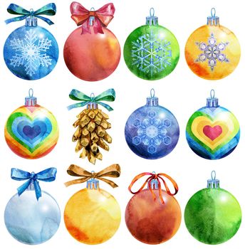 Set3 of Watercolor Christmas tree ball with image of pig and snowflakes. Card for your creativity