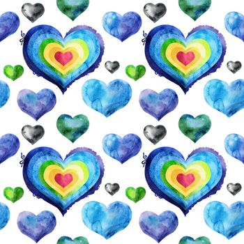 Seamless pattern of watercolor rainbow hearts with light and shade, painted by hand