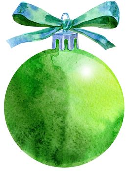 Watercolor Christmas green ball with bow isolated on a white background.