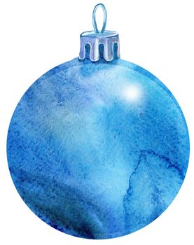 Watercolor Christmas blue ball isolated on a white background.