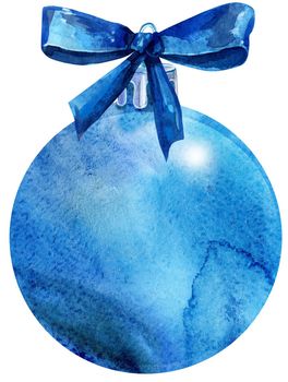 Watercolor Christmas blue ball with bow isolated on a white background.