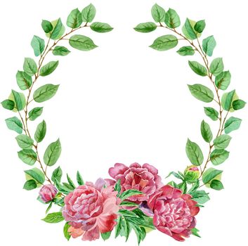 Wreath for decoration design. Vintage design. Herbal illustration with peonies. Natural backdrop
