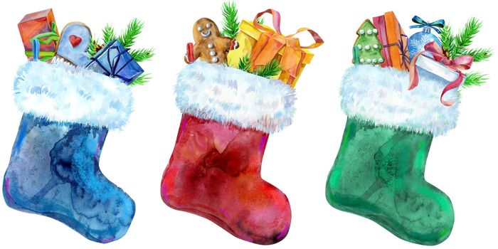 Christmas colorfull socks with gifts isolated on white background. Watercolor hand drawn illustration