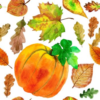 Seamless pattern with autumn orange watercolor leaves on white background.