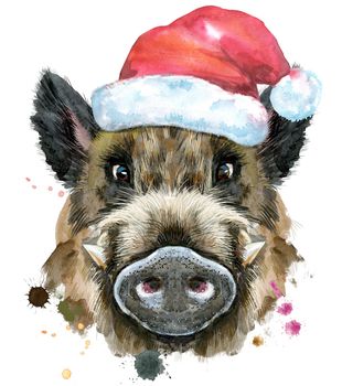 Cute piggy. Wild boar in Santa hat for T-shirt graphics and other decoration. Watercolor brown boar illustration