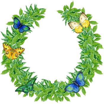 Wreath for decoration design with butterflies. Vintage design. Herbal illustration. Natural backdrop