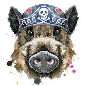 Cute piggy. Wild boar for T-shirt graphics. Watercolor illustration of brown boar wearing biker bandana