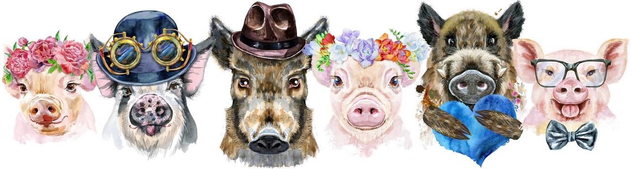 Cute border from watercolor portraits of pigs.