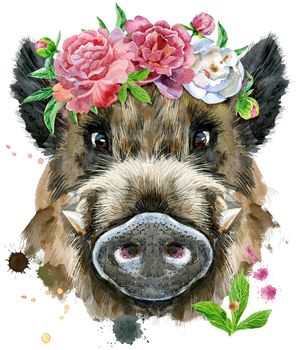 Cute piggy. Wild boar with flower for T-shirt graphics. Watercolor brown boar illustration