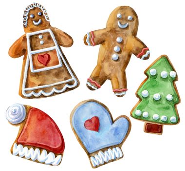 Set of watercolor christmas gingerbread. Hand painted gingerbread isolated on white background. For design, background or print.
