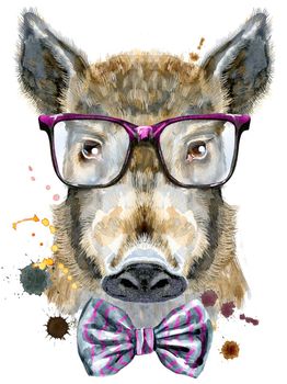 Cute piggy. Wild boar for T-shirt graphics. Watercolor brown boar illustration with glasses and a bow tie