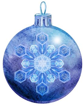 Watercolor Christmas violet ball with snowlake isolated on a white background.