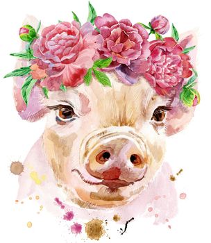 A beautiful pig in a wreath of peonies. Flowers. Watercolor illustration with splashes.