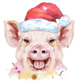 Cute piggy. Pig for T-shirt graphics. Watercolor pink pig in Santa hat illustration