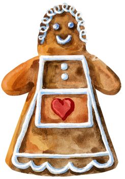 Watercolor christmas gingerbread. Hand painted gingerbread woman isolated on white background. For design, background or print.