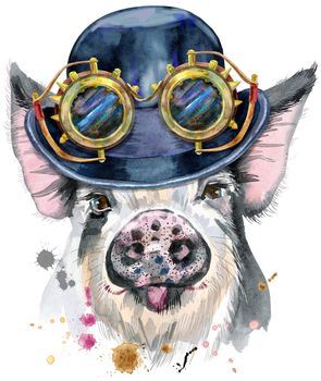 Cute piggy with hat bowler and steampunk glasses. Pig for t-shirt graphics. Watercolor pig in black spots illustration