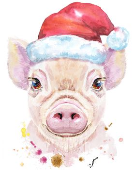 Cute piggy in a Santa hat. Pig for T-shirt graphics. Watercolor pink mini pig illustration