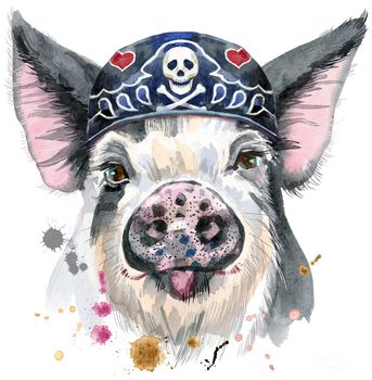 Cute piggy wearing biker bandana. Pig for T-shirt graphics. Watercolor pig in black spots illustration