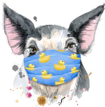 Cute piggy in face medical mask. Pig for T-shirt graphics. Watercolor pig in black spots illustration