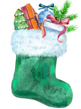 Christmas green sock with gifts isolated on white background. Watercolor hand drawn illustration