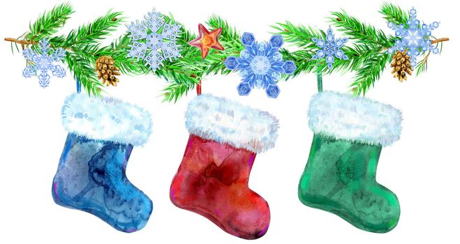 Christmas colorfull socks for gifts and spruce branches isolated on white background. Watercolor hand drawn illustration