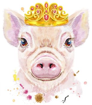 Cute piggy. Pig for T-shirt graphics. Watercolor pink mini pig illustration with crown