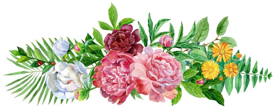 Watercolor flowers. floral illustration, Leaf and buds. Botanic composition for wedding or greeting card. branch of flowers - abstraction roses