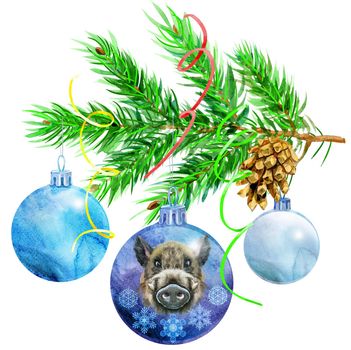 Spruce branch with christmas decorations with the image of a boar in light vivid paint style, hand drawn watercolor illustration