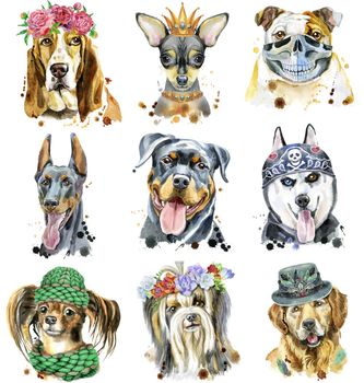 Cute set of watercolor portraits of dogs. For t-shirt graphics. Watercolor dogs illustration