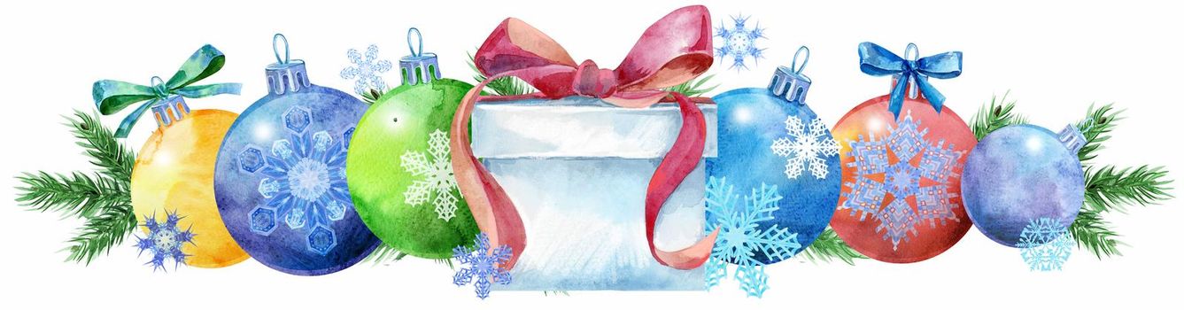 Watercolor Christmas tree border from balls with snowflakes and gift. Card for your creativity