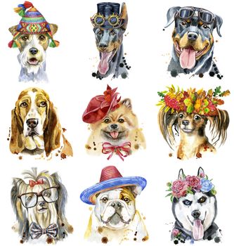 Cute set of watercolor portraits of dogs. For t-shirt graphics. Watercolor dogs illustration
