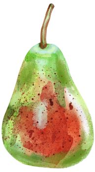 Watercolor hand drawn illustration of pear fruit with red spot on white background