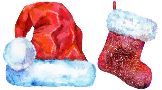 Santa Claus red hat and sock for gif. Watercolor illustration, isolated on white