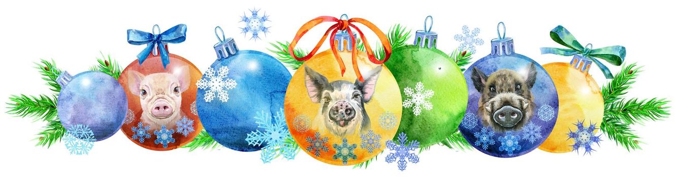 Watercolor Christmas tree border from balls with image of pig and snowflakes. Card for your creativity
