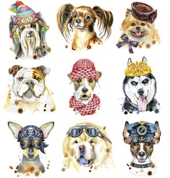 Cute set of watercolor portraits of dogs. For t-shirt graphics. Watercolor dogs illustration