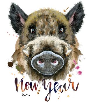 Cute piggy. Wild boar with the inscription New Year for T-shirt graphics. Watercolor brown boar illustration
