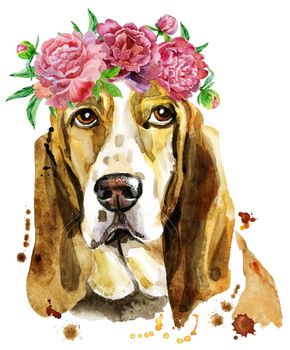 Cute Dog with wreath of flowers. Dog T-shirt graphics. watercolor basset hound