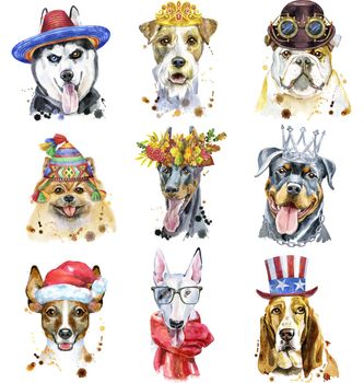 Cute set of watercolor portraits of dogs. For t-shirt graphics. Watercolor dogs illustration