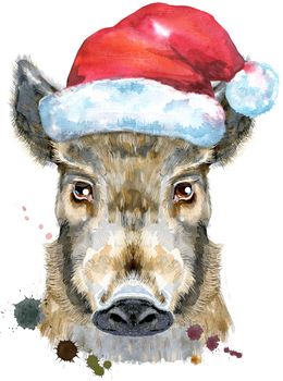 Cute piggy. Wild boar in Santa hat for T-shirt graphics and other decoration. Watercolor brown boar illustration