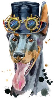 Cute Dog in cylinder hat and steampunk glasses. Dog T-shirt graphics. watercolor doberman illustration