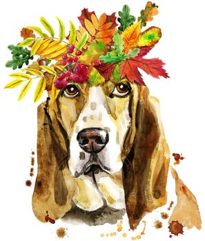 Cute Dog. Dog T-shirt graphics. Watercolor basset hound with wreath of autumn leaves