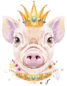 Cute piggy. Pig for T-shirt graphics. Watercolor pink mini pig illustration with crown