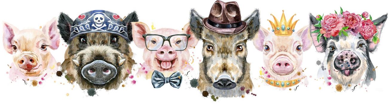 Cute border from watercolor portraits of pigs.