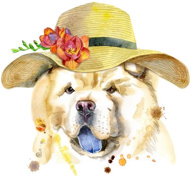Cute Dog with a wide-brimmed summer hat. Dog T-shirt graphics. watercolor chow-chow dog illustration